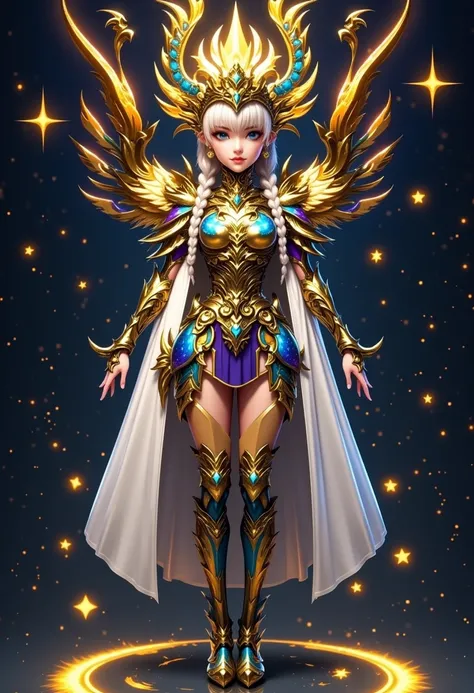 (Vision), Wide Angle, (Full body shot:1.6),  surrealism, Vision, Extra LongShot, 1girl, Alone, full body, colorful, stars, light pattern, phoenix breastplate, phoenix battle boots, wind-colored stockings, Elegant, gorgeous, Surreal, ultra-detailed, game sc...