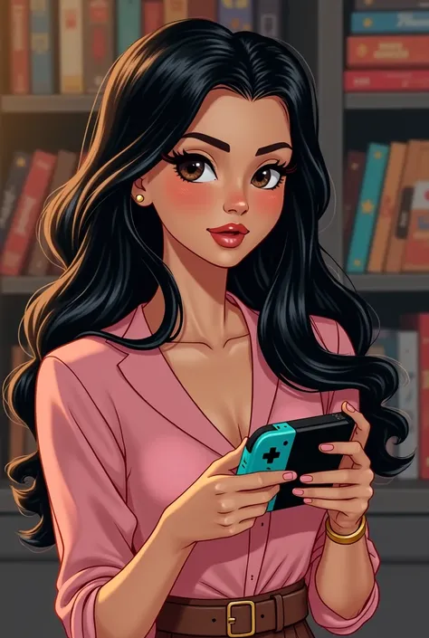 Thème dimages style ancien disney 
, représente une femme mignone non vulgaire au cheveux long noir avec mèches blonde avec peau blanche, sourcils noir maquiller et yeux grand  noir  qui joue à la nintendo switch  manette doré et à dreamlight valley disney...