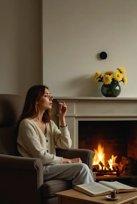 A woman is sitting in an armchair, smoking, as the cigarette smoke trails toward a small, round, black mark on a white wall, located about six or seven inches above the mantelpiece. Her focus is fixed on the mark. Beside her is a table holding an empty tea...