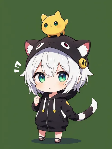 1boy,animal hoodie,black ,
odd eye,chibi,full body,green background