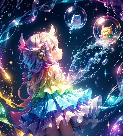  Mysterious ， Glorious ，Magical bubblesのような膜に包まれている,cute，Chibi character， owl under guard，Bubbles with seven colored rainbows on them ，((Magical bubbles))， The Wizard，Colored bubbles, fantastic details,  Steampunk Details ,  intricate details,  Very detail...