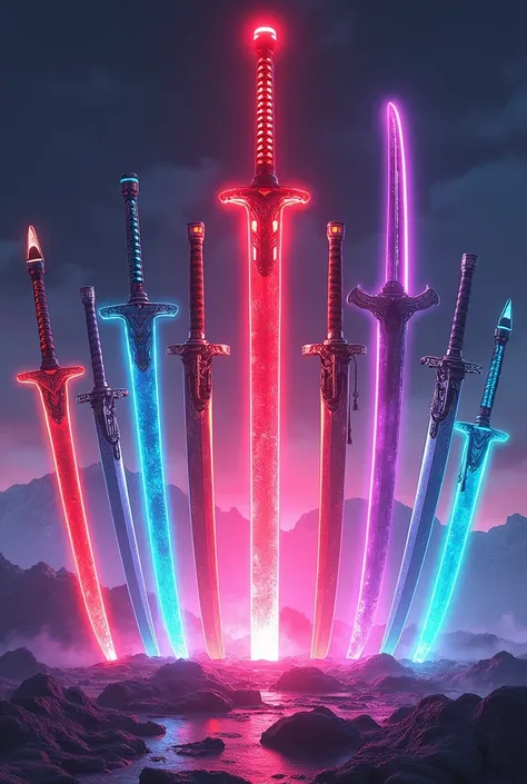 7 different types (7 different colors)of  swords,  1 red  katana( middle), neon, skyfi, modern,anime, slash coloures,