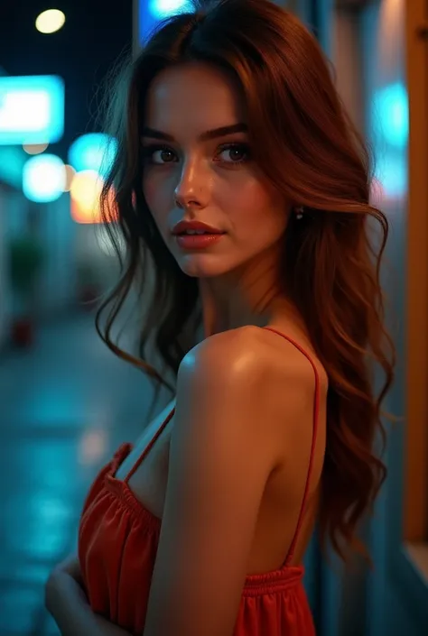 (Sharp Focus:1.2), Photo, attractive young KariSweets , ( beautiful face :1.1),  detailed eyes, Lush lips, (Cat eye makeup:0.85), (smile:1.2), carry (Dress:1.2) on a (Night Street :1.2). (Atmospheric light:1.2),  depth of field , bokeh, 4K, HDR. from (Jame...