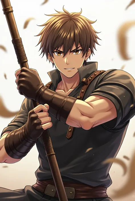 1 man, Solo, High Resolution, Looking at viewer, Short Hair, Brown Hair, Serious, Brown Eyes, Simple background, Full Body, Anime Style, Fighter, Glaive, Studded Leather Armor, No Cloak, D&D