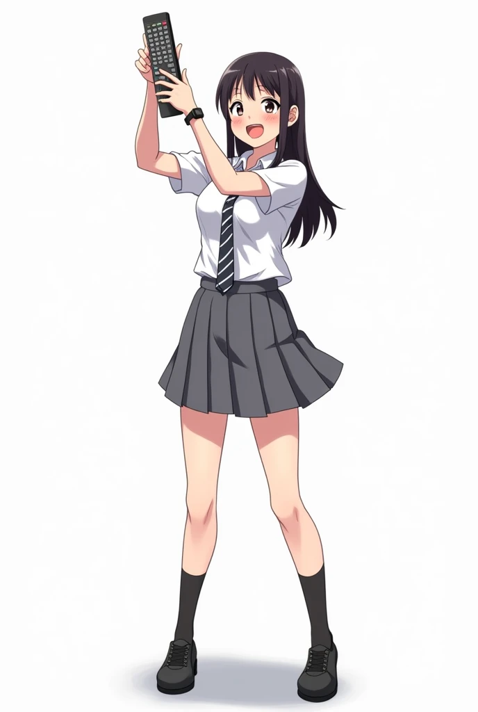 Adult woman standing in the front and her legs and wearing black shoes and uniform white shirt short sleeves and wearing black watch and black tie with black and white lines school and with gray skirt anime image with a remote control black television whit...