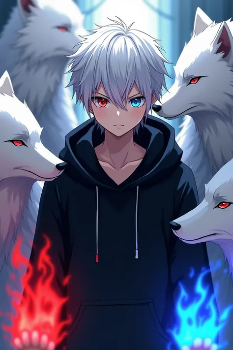 Anime thumbnail, white short hair, black hoodie with red fire and blue fire at the end of the sleeves, 18 year old boy, right eye is blue and left eye is red, White wolves around him.