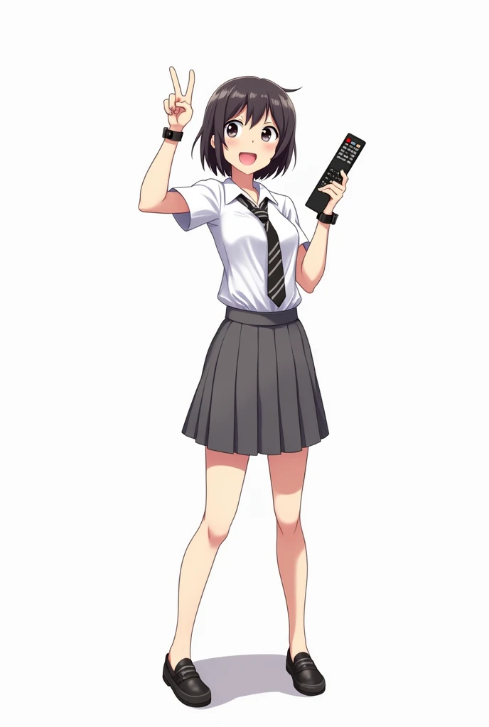 Adult woman standing in the front and her legs and wearing black shoes and uniform white shirt short sleeves and wearing black watch and black tie with black and white lines school and with gray skirt anime image with a remote control black television whit...