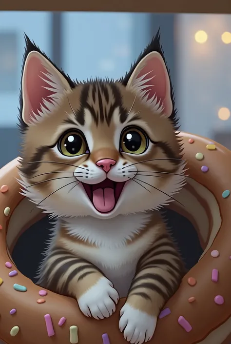 Please,  create an image of a logo that represents an adorable kitten of the tabby breed in cartoon style, Leaving inside a donut also in cartoon style . For donut company logo.