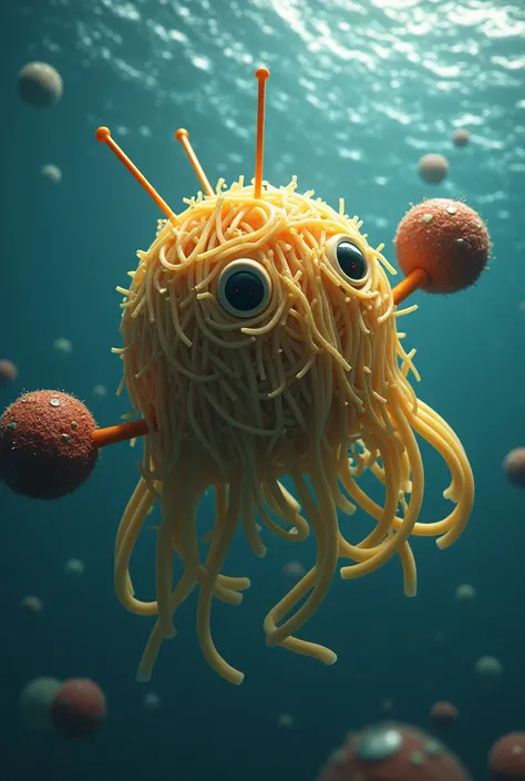 A large expanse of water in space,landscape.very beautiful gigantic huge flying spaghetti( spaghetti body, Spaghetti rounded body,eyes at 2anntenae,2big meatballs at both side of body,everything made of spaghetti)