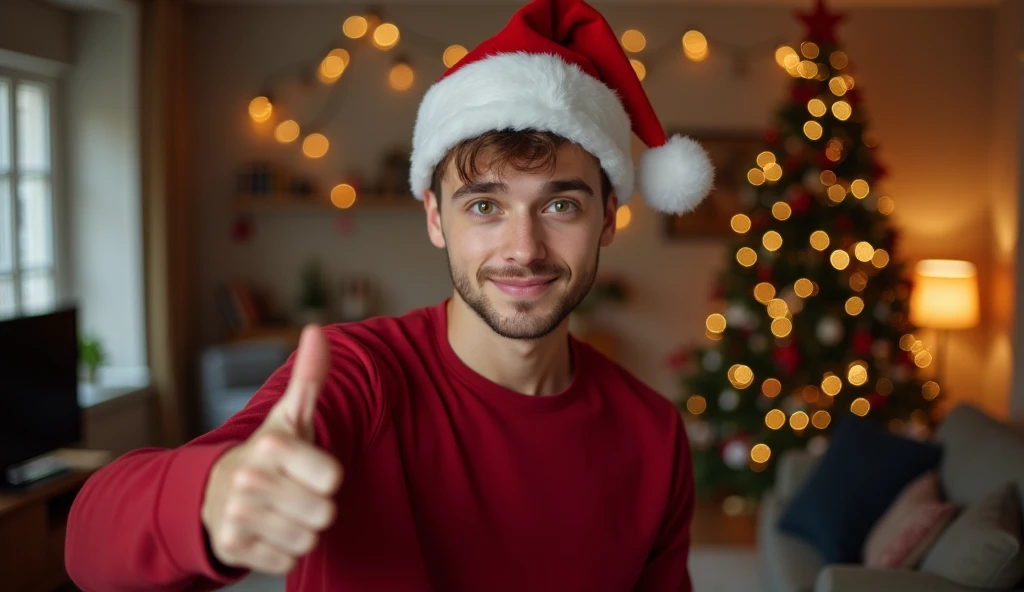 realistic image of a young male pelon teenager looking straight ahead gesturing with his hand giving a like with one hand, Thumbs up he is dressed in a cherry colored shirt he is wearing a Santa Claus hat ,  no beards are in a room decorated with Christmas...