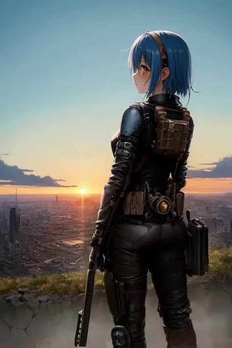 Masterpiece,Best quality, ultra detailed,Anime style,  Post-apocalyptic, devastated world, horizon, sunrise, sky about to dawn, girl, blue hair, goggles, boyish, travelers costume, motorcycle, back view, decadent atmosphere, a moving scene full of beautifu...