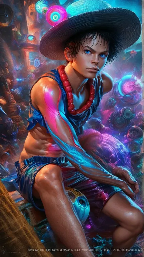 Luffy from one piece, hyper-realistic, epic, his body in NEON colours style, bold, best of all,a mind-blowing post,High Quality, Blue eyes, 