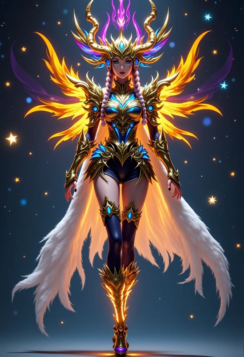 (Vision), Wide Angle, (Full body shot:1.6),  surrealism, Vision, Extra LongShot, 1girl, Alone, full body, colorful, stars, light pattern, phoenix breastplate, phoenix battle boots, wind-colored stockings, Elegant, gorgeous, Surreal, ultra-detailed, game sc...