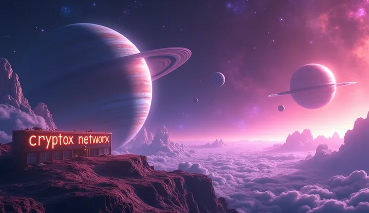 view of a planet in deep space, with stars of different colors, and 2 big planets with rings and moons in the back. the space has some bright colors, purple and pink. on the planet there is a large space station and a brown-orange sign outside it. that wri...