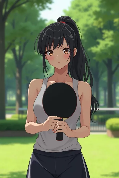 18 year old woman black hair ponytail, in park full body, and a black ping pong paddle in hand ready to use, front view image