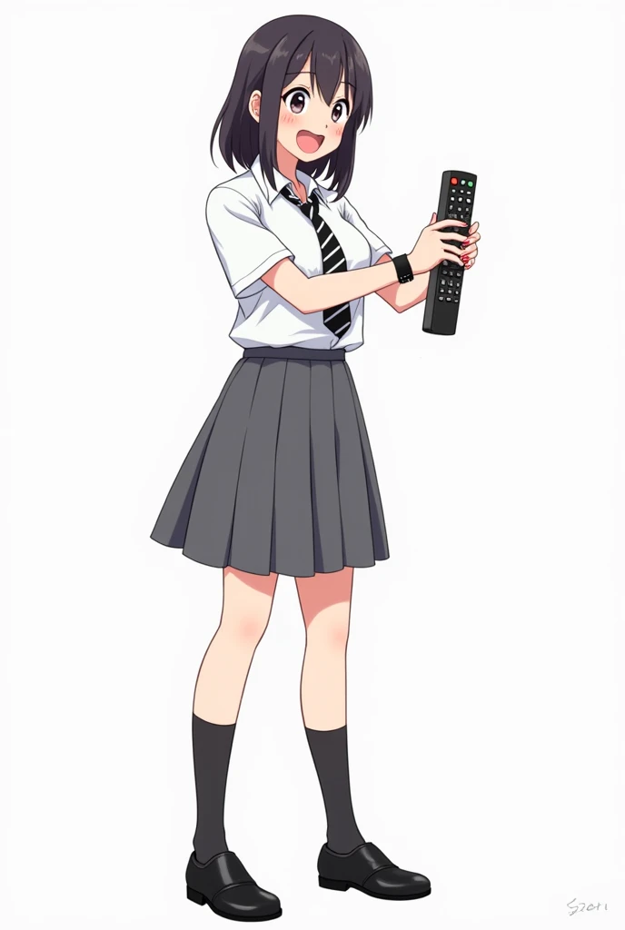 Adult woman standing in the front and her legs and wearing black shoes and uniform white shirt short sleeves and with black watch and pink nails and black tie with black and white lines school and with gray skirt anime image with a remote control black tel...