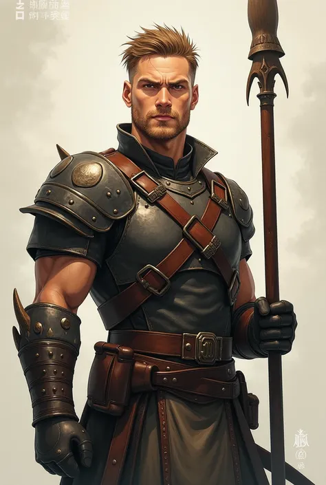 1 man, Solo, High Resolution, Looking at viewer, Short Hair, Brown Hair, Serious, Brown Eyes, Simple background, Full Body, Anime Style, Fighter Ranger, Glaive, Studded Leather Armor, No Cloak, D&D