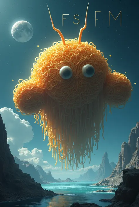 A large expanse of water in space,landscape.very beautiful gigantic huge flying spaghetti( spaghetti body, Spaghetti rounded body, 2anntenae,2big meatballs at both side of body,everything made of spaghetti).at background tsxt says "FSM"