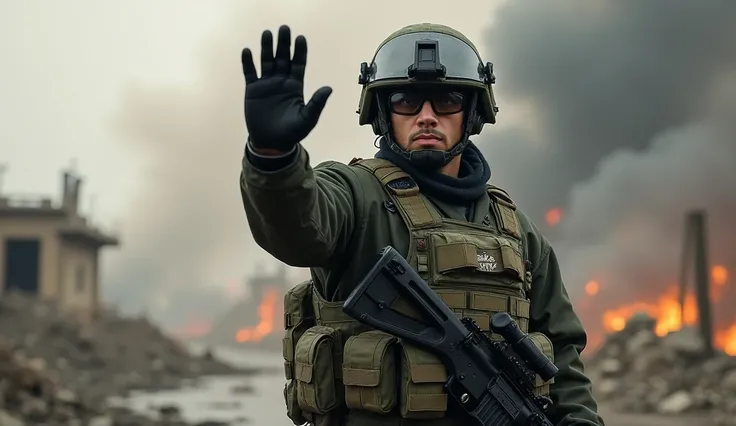 A fully equipped soldier standing on the right third of the frame, facing directly toward the viewer. He has a rifle slung across his chest and raises his right hand in a firm stop gesture, signaling others not to approach. The background shows a war zone ...