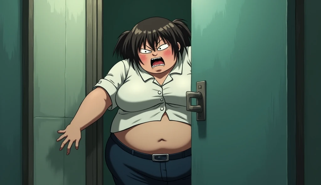 Anime, very Ugly, fat and obese elementary school girl, with an evil frowning face, trying to push a locked  washroom door by force , she is wearing a blouse and pair of trousers 