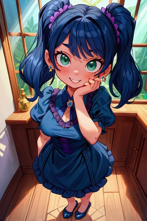 (Masterpiece, best quality) standing indoors with intricate details and sunlight, dark blue navy hair, two ponytails, green eyes,. violet frilled dress with short neckline, earrings, dark blue shoes, diadema. Mischievous smile, teeth showing, bad girl, sex...