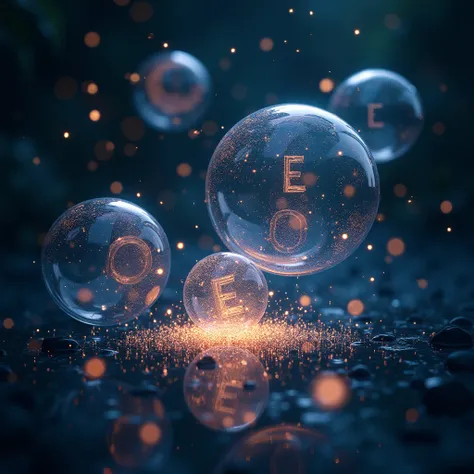 masterpiece,Magical bubbles、 and the bubbles are composed of fine particles of light , and the inside of the bubble is filled with digital symbols and letters,The background is slightly dark 