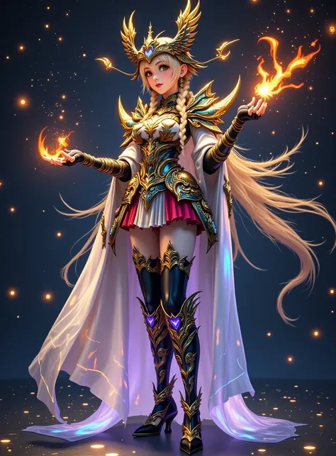 (Vision), Wide Angle, (Full body shot:1.6),  surrealism, Vision, Extra LongShot, 1girl, Alone, full body, colorful, stars, light pattern, phoenix breastplate, phoenix battle boots, wind-colored stockings, Elegant, gorgeous, Surreal, ultra-detailed, game sc...