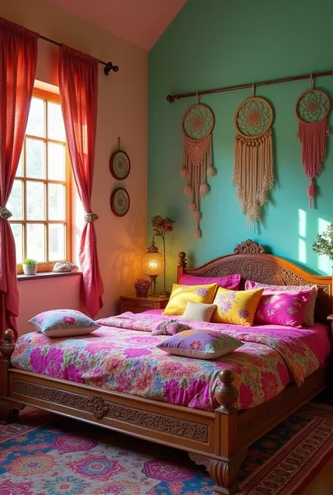 Use soft pastel walls like peach or mint green with a bright accent wall in fuchsia or turquoise. Add a wooden bed with intricate carvings and vibrant cotton bedding in floral or block prints. Use colorful throw pillows in vibrant pinks, yellows, and purpl...