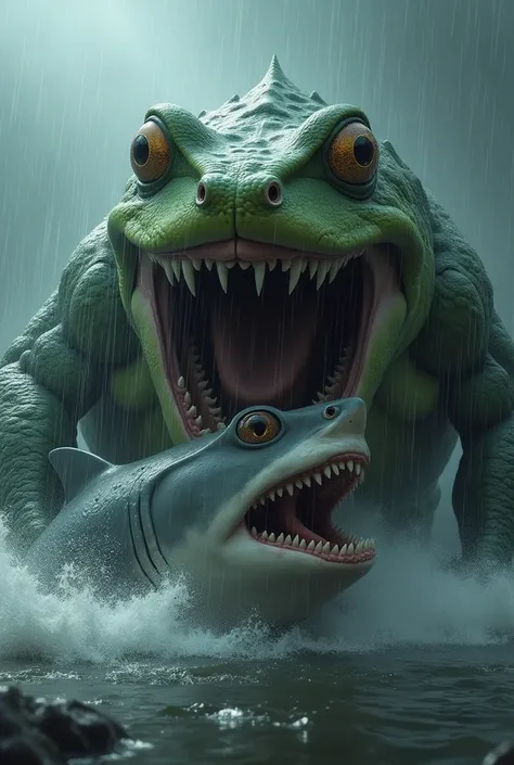 a frog monster in the pouring rain, catching a shark