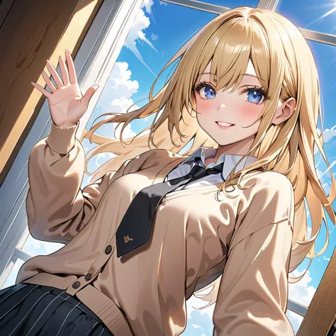 anime、One high school girl,smile、(Blonde:1.3)、long straight hair、 close your mouth、Small breasts,(untucked beige cardigan :1.5), Black Normal Necktie 、cute white ribbon embellished panty,beautiful thighs,Standing and waving hands 、The blue sky seen from th...