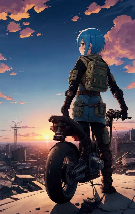 Masterpiece,Best quality, ultra detailed,Anime style,  Post-apocalyptic, devastated world, horizon, sunrise, sky about to dawn, girl, blue hair, goggles, boyish, travelers costume, motorcycle, back view, decadent atmosphere, a moving scene full of beautifu...