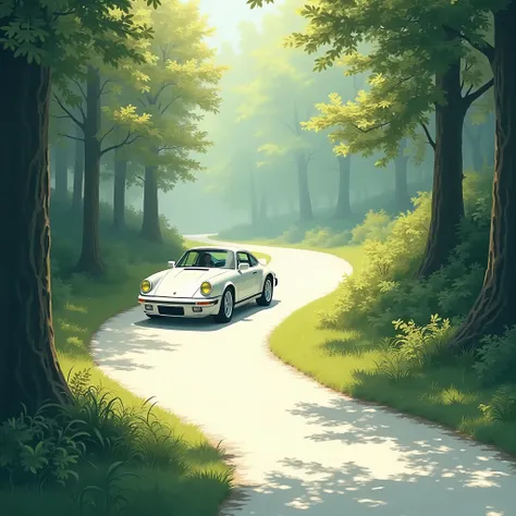 ((In the sunlight filtering through the trees)) A white road, the back of a white coupe, a figure in the drivers seat,