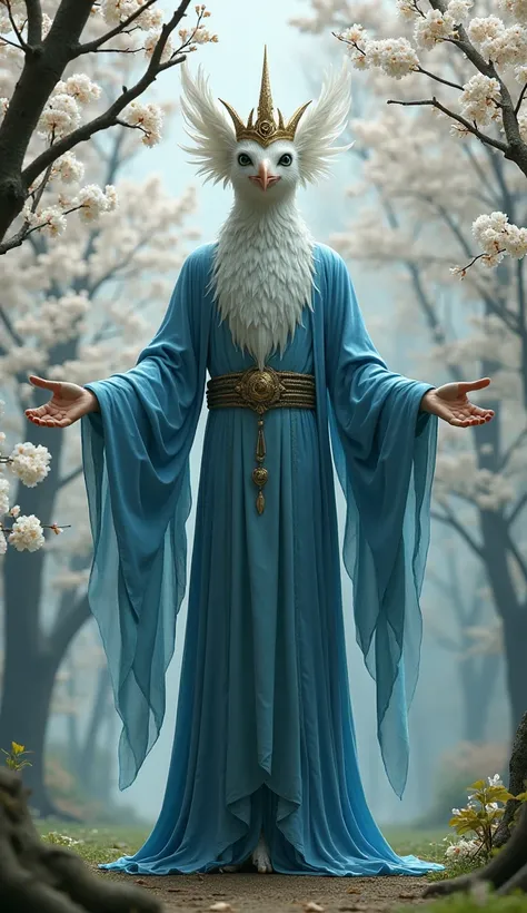 A majestic creature with a bird-like head adorned with a crown, and a human-like torso draped in flowing blue robes. The creature stands amidst a serene backdrop of blossoming trees, with its arms outstretched. The setting appears to be a tranquil forest o...