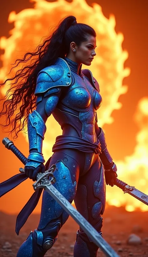 In a cinematic Cowboy Shot framing, uma Ninja Sub-zero, with ice, from Mortal Combat , with mask,  a majestic muscular warrior ,  wears a flamboyant blue core-style armored ninja robot , strong player,  her shiny curly black hair flowing like flames in a l...