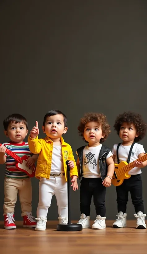 Realistic image of four babies dressed as the members of Queen, together on a small toy stage that simulates a concert.

Baby Freddie Mercury is in the front, wearing his iconic yellow open jacket, tight white pants and little white shoes. He is in his cla...