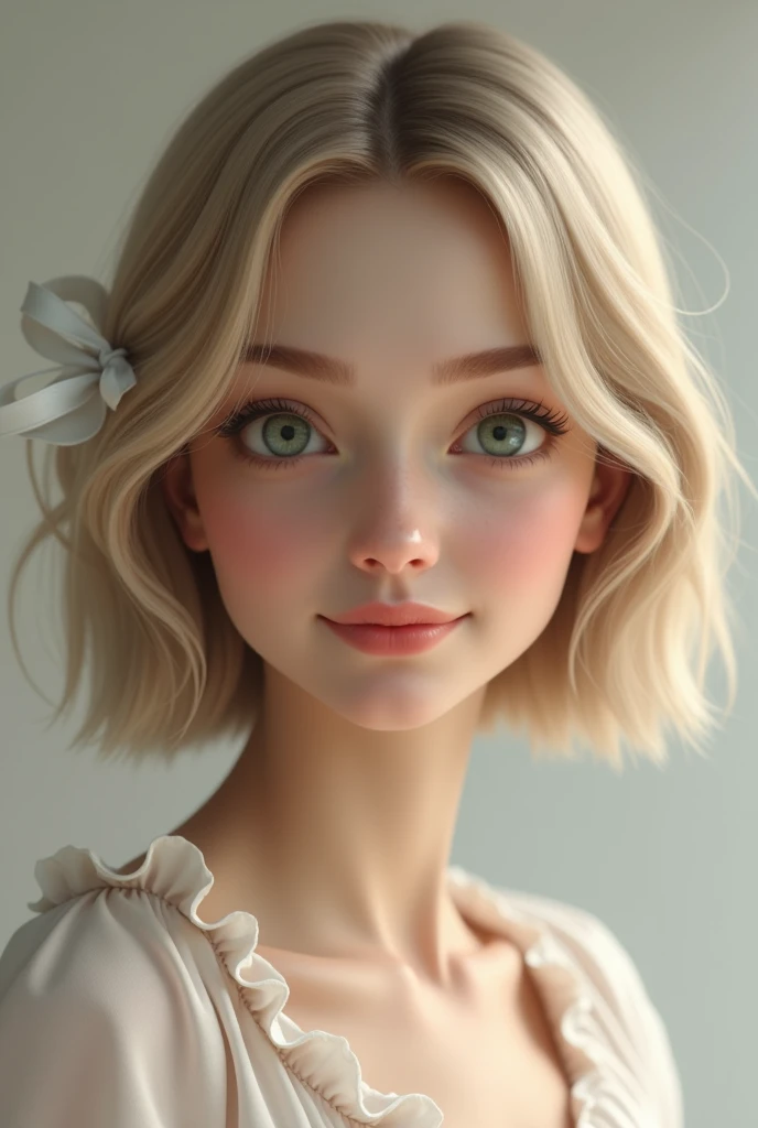 Create avatar woman 35 years old blonde green eyes hairstyle straight bob-shaped hair without bangs fair skin looks at the viewer smiles slightly in a white ribbon beautiful style realism as a living person