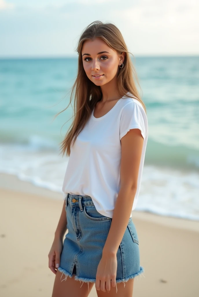 beautiful girl in denim skirt and white t-shirt, standing up on beach, set behind her, f 1.4 depth of field