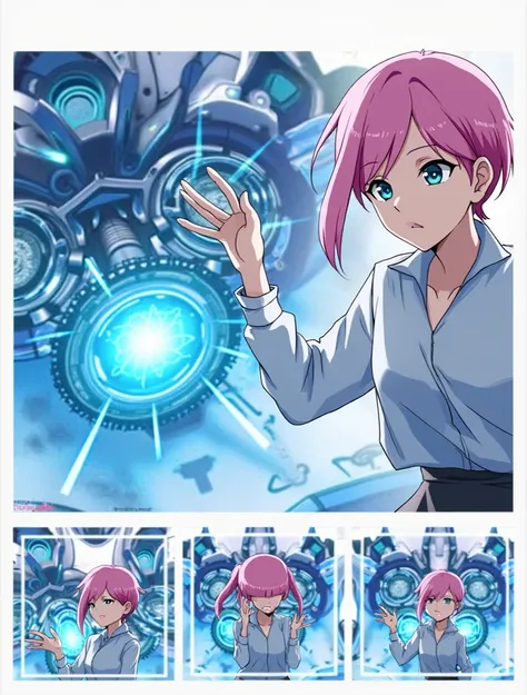  close-up of a cartoon picture of a pink hair,  Mystery and Mechanical Themes , Animated Mecha Aesthetics,  Popular on Pixiv ,  Official Painting , fleet collection style,  pixiv trending , Anime poster , from the night of the ark,  robot animation mixed w...