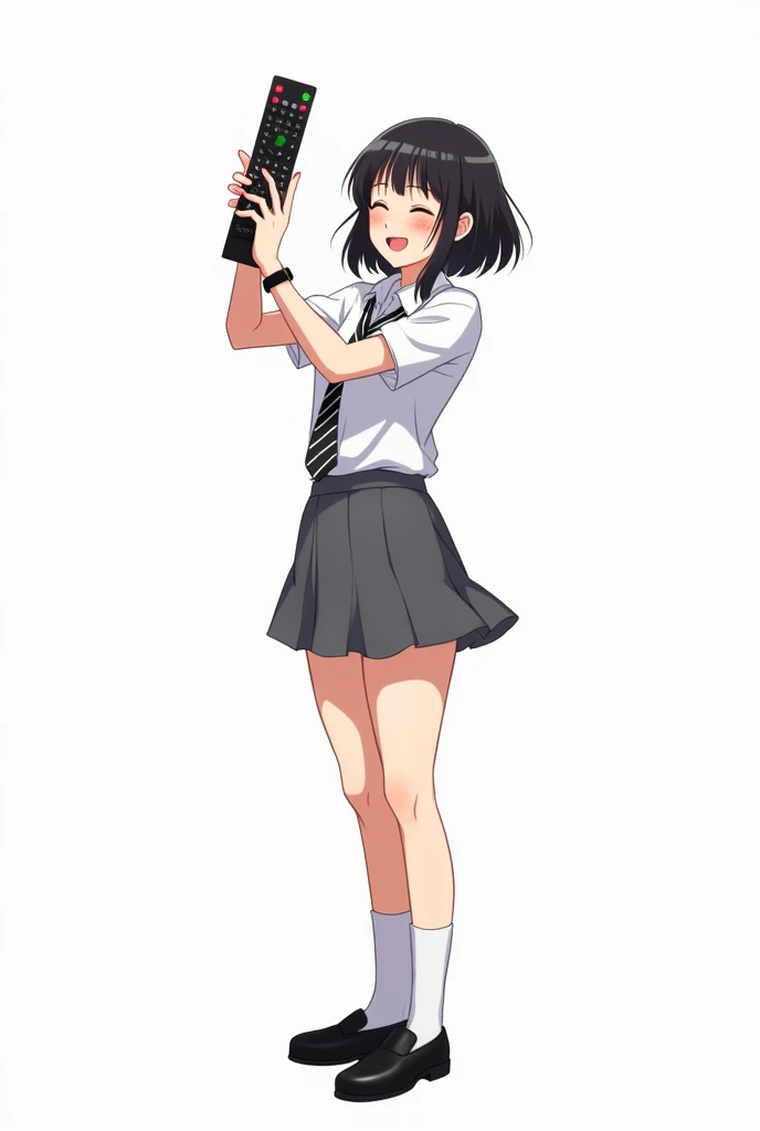 Adult woman standing in the front and her legs and wearing black shoes and uniform white shirt short sleeves and with black watch and pink nails and black tie with black and white lines school and with gray skirt anime image with a remote control black tel...