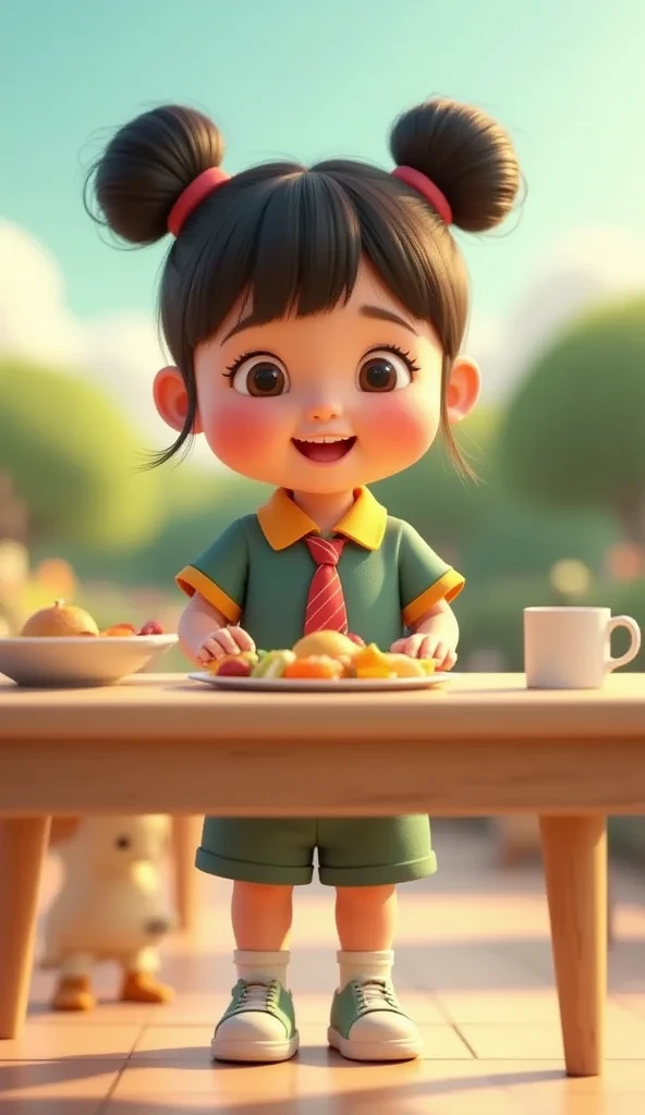 a girl, 3D animation ((picture taken from the front)) with a vibrant color palette, cute and adorable with her hair in two buns on top and bangs, a cute beautiful girl, blushing cheeks, a girl wearing an Indonesian kindergarten uniform, a plain dark green ...