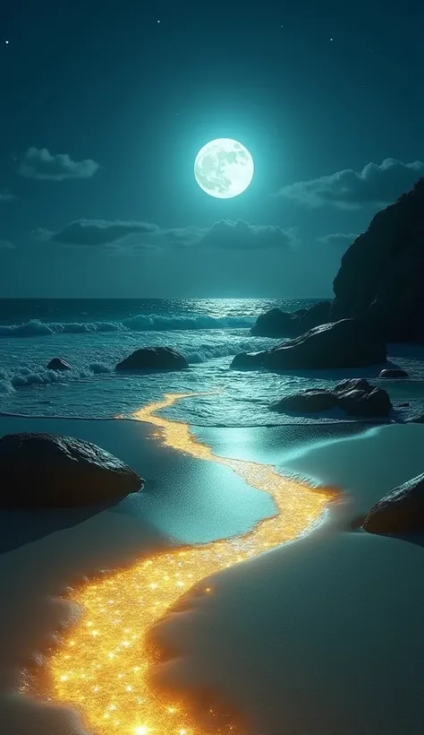 A surreal, magical nighttime beach scene illuminated by a bright, full moon. The moonlight reflects on the ocean waves, creating a shimmering silver path on the water. A glowing, bioluminescent river winds through golden sands, casting a soft, mystical glo...