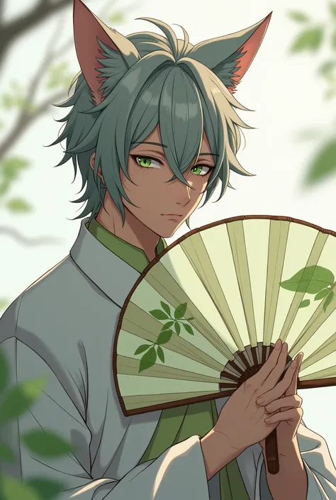 Realistic anime-style 4k quality image ,  where there is a handsome 23-year-old man , Half human and half feline with cat ears , He has dark brown skin ,  medium gray hair ,  This same man has a serious and subtle face, And this one with green eyes and alm...