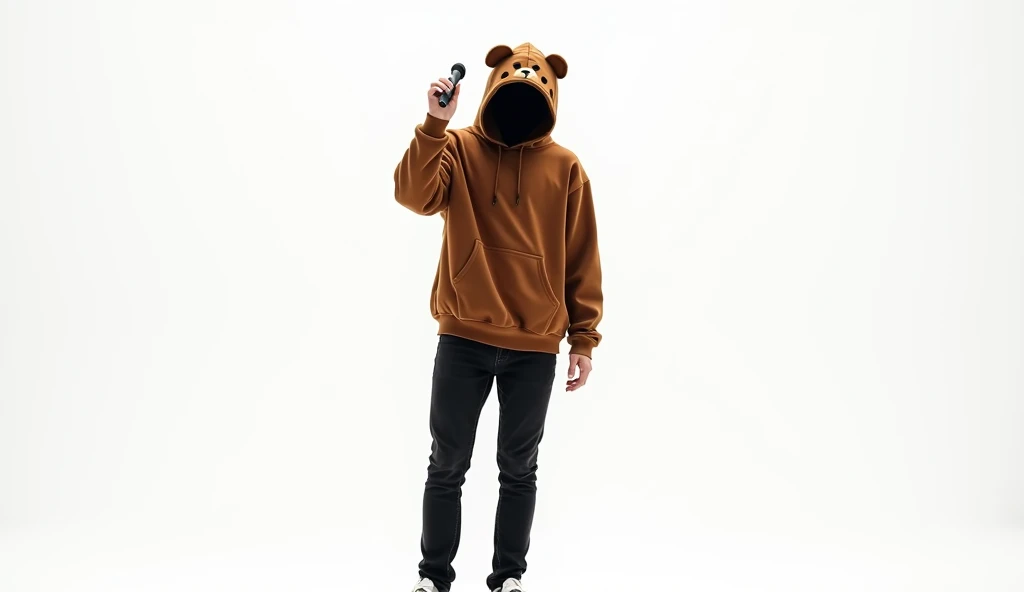  · in a bright outdoor 、Man standing up and singing full body （ From Head to Feet ） slightly obliquely from the side while holding it to the mouth。
　
 · The man is wearing a brown bear hoodie 。 · This hoodie has a Japanese feel 、 with cute character-style ...