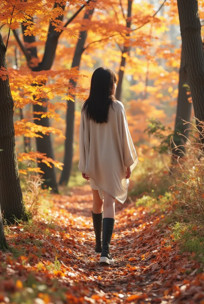 a slender japanese woman walking through an autumn forest with colorful foliage. she is wearing a stylish poncho over a blouse, ...