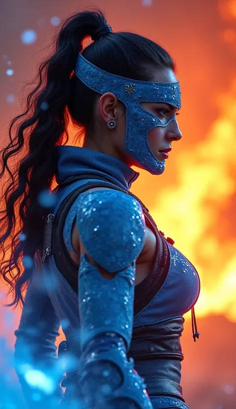 In a cinematic Cowboy Shot framing, uma Ninja Sub-zero, with ice, From the game Mortal Combat ,  with a sub-zero ninja mask ,  a majestic muscular warrior ,  wears a flamboyant blue core-style armored ninja robot , strong player,  her shiny curly black hai...