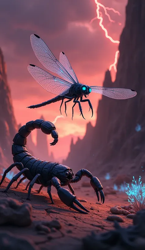 Create a highly detailed digital artwork depicting a fierce confrontation between a dragonfly and a scorpion. The dragonfly hovers mid-air with its translucent, iridescent wings creating shimmering trails of light as it beats them rapidly. Its multifaceted...