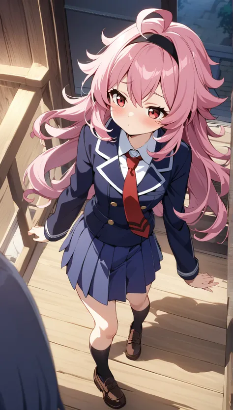standing, cute, round eyes, sleepy face, pretty, , red necktie, brown shoes, small girl, indigo school uniform jacket, white school uniform shirt, floating hair, indigo school uniform skirt, very messy hair, ahoge, pink hair, spiked hair, long hair, red ey...