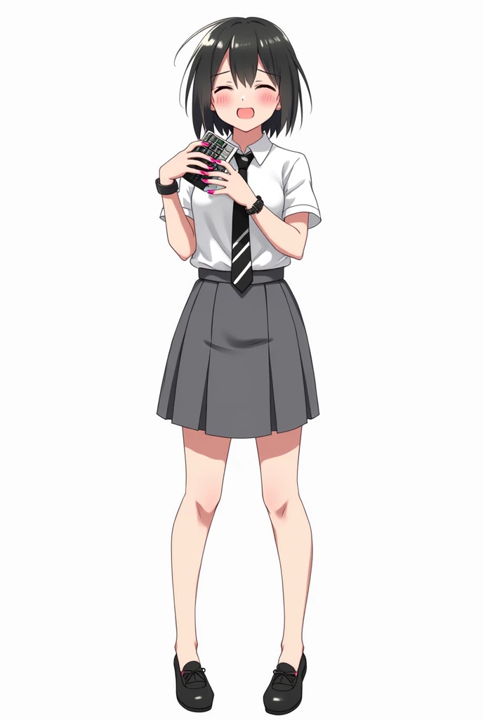 Adult woman standing in the front and her legs and wearing black shoes and uniform white shirt short sleeves and with black watch and pink nails and black tie with black and white lines school and with gray skirt anime image with a remote control black tel...