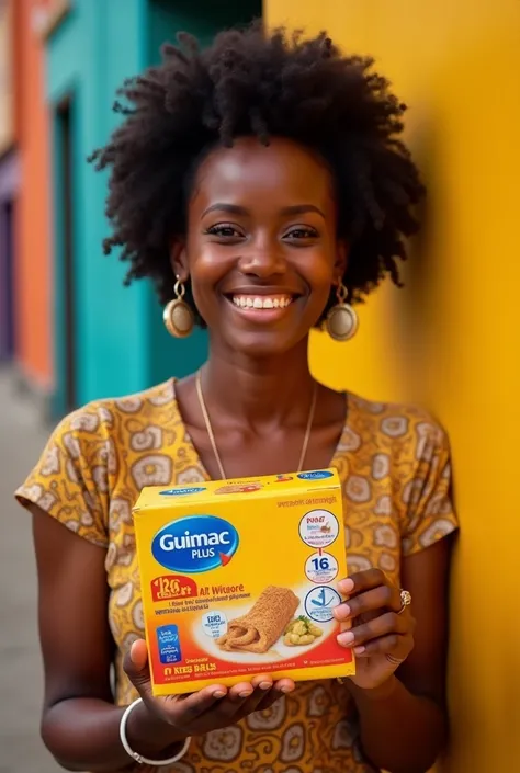 Une belle fille africaine souriante très contente, portant un costume, tenant un produit emballé avec le texte "GUIMAC PLUS" a droite de limage.