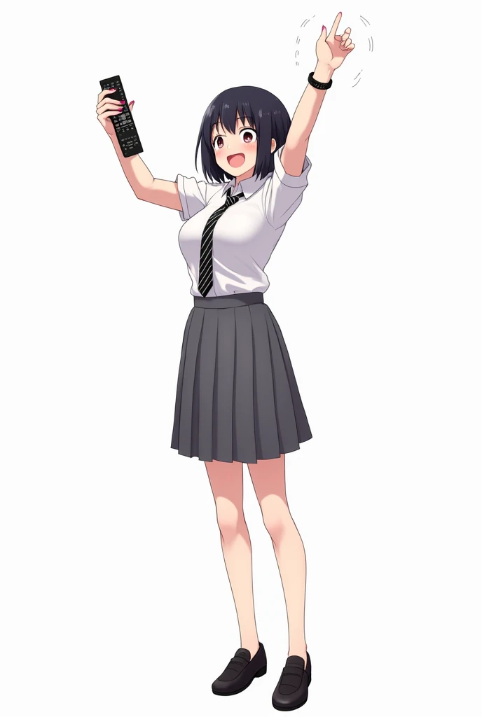 Adult woman standing in the front and her legs and wearing black shoes and uniform white shirt short sleeves and with black watch and pink nails and black tie with black and white lines school and with gray skirt anime image with a remote control black tel...